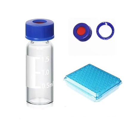 2ml HPLC Vial, 9-425 Borosilicate Autosamper Vial with Graduation, Clear Sample Vial and 9mm Blue Screw Cap with Hole, Red PTFE&White Silicone Septa, Pack of 100