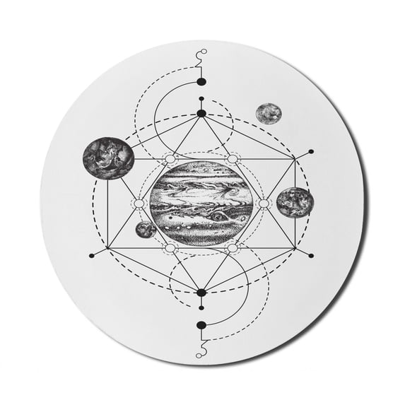 Abstract Mouse Pad for Computers, Monochrome Graphic with Planets and Dash Line Geometric, Round Non-Slip Thick Rubber Modern Gaming Mousepad, 8" Round, Charcoal Grey White, by Ambesonne