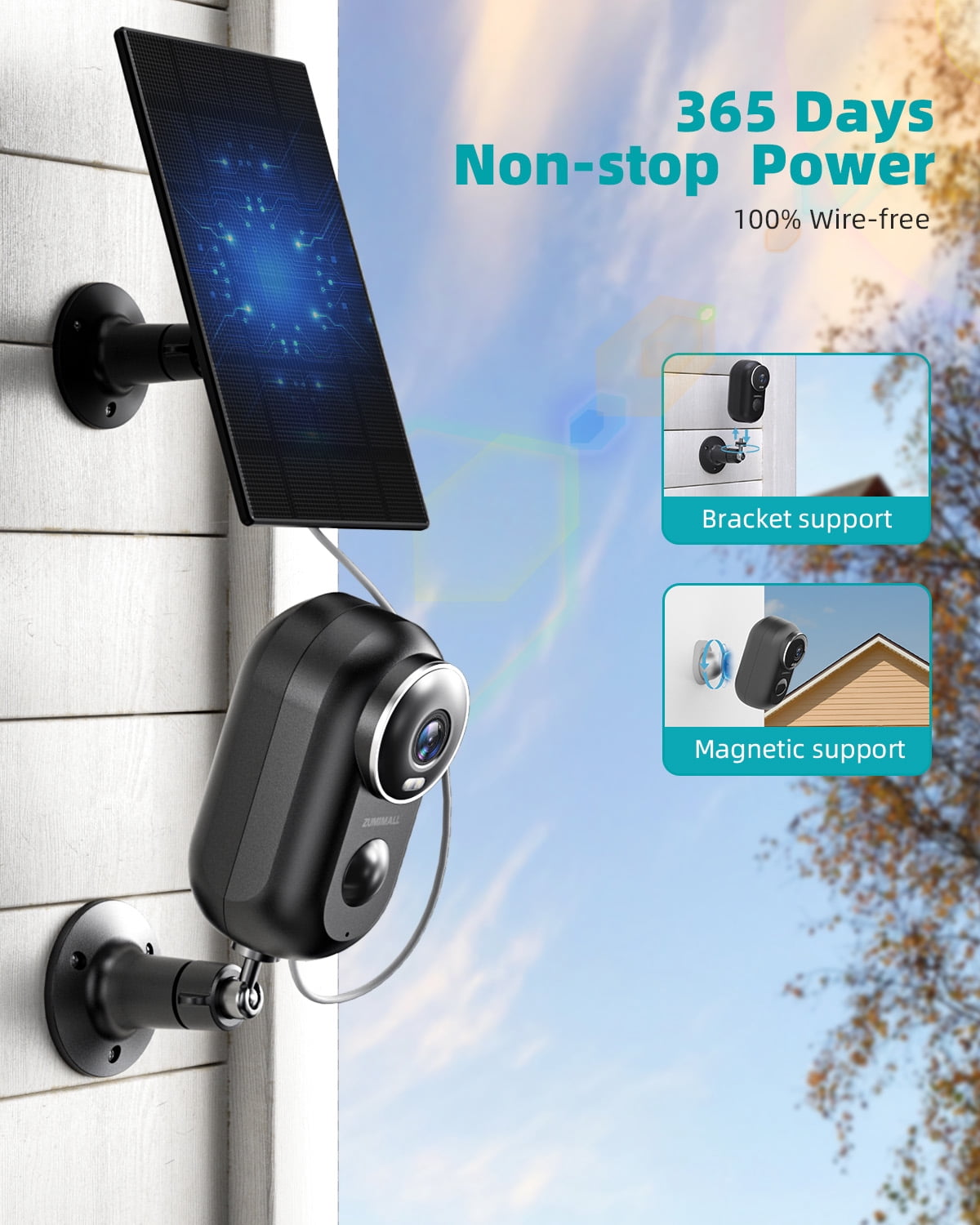 ZUMIMALL 2K Solar Battery Camera, Outdoor Wireless Security, Motion Alert, Color Night Vision, 2.4G WiFi, Black