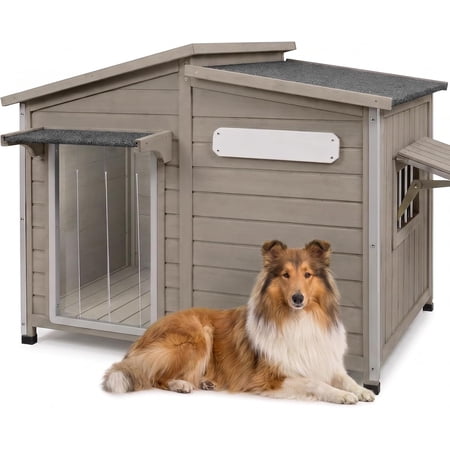 PETSCOSSET 40"L Outdoor Dog House with Asphalt Roof & Window, Gray