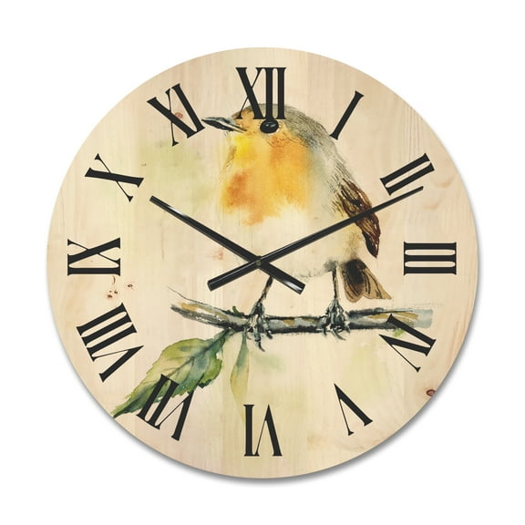 Designart 'Little Robin Bird Sitting On A Branch' Traditional Wood Wall Clock