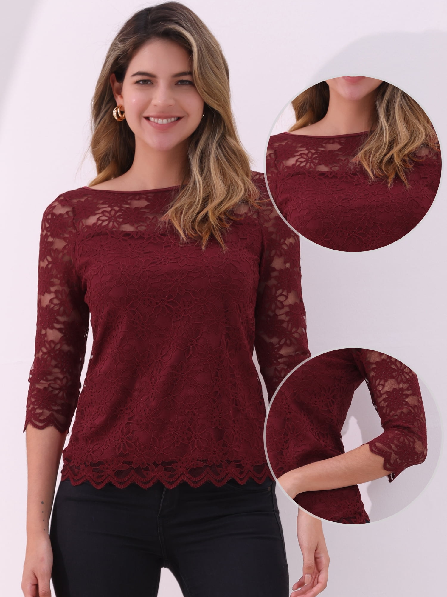 DARING DIVA Women's 3/4 Sleeve Crew Neck Floral Lace Tops M Dark Red