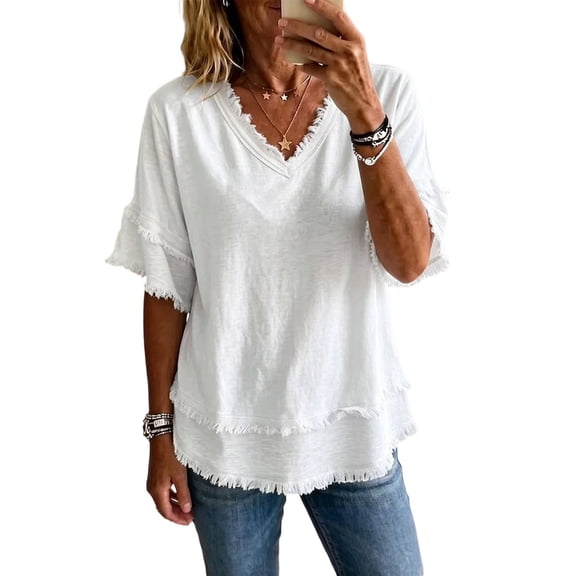 Cotton Linen Tops for Women Short Sleeve V Neck T Shirts Casual Loose Pullover Top Summer Beach Vacation Clothes White XL