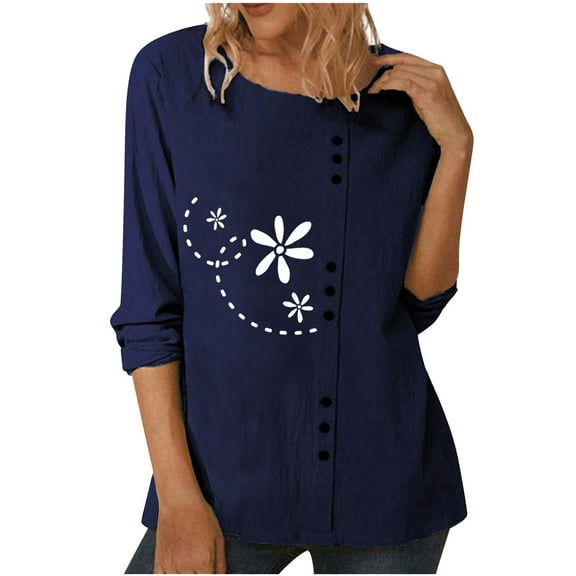 IROINNID Discount Long Sleeve T-Shirts for Women Causal Round Neck Printing Blouse T-Shirt Button Tops,Navy