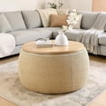 thumbnail image 3 of GZXS 25.5" Round Ottoman with Flip-Top Lid and Hidden Storage Compartment, Handmade Plastic Rattan Footrest/End Table, No Assembly, Natural, 3 of 10