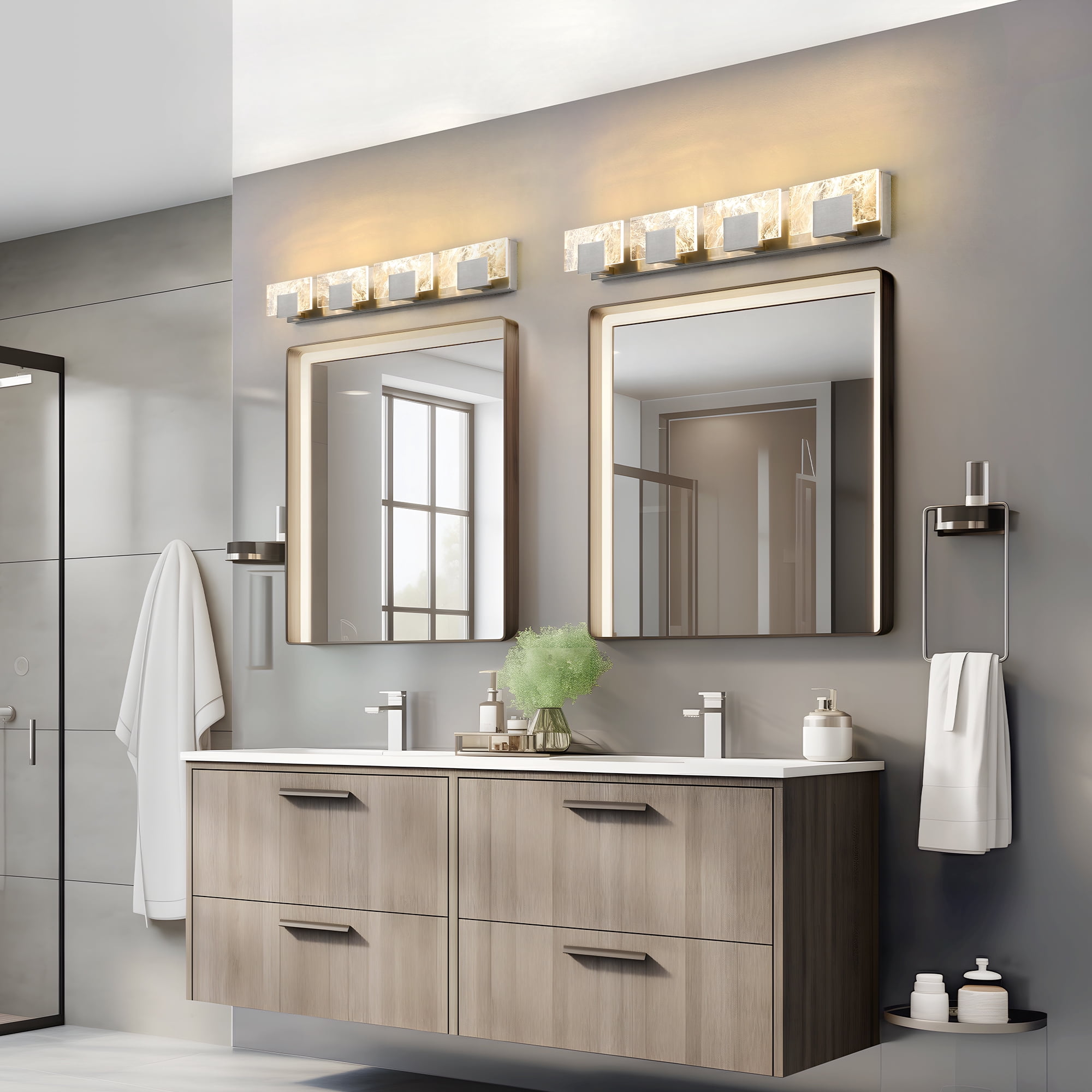 KAISITE 4-Light LED Modern Bathroom Lights over Mirror, Brushed Nickel Acrylic, Smoke Design, 3000K Wall Lights Fixture for Bedroom Living Room