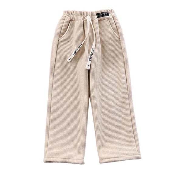 SERTG Girls Corduroy Pants Straight Wide Leg Casual Sports Pants with Drawstring Fall Winter Fleece-Lined Comfortable Fit Kids Trousers (Beige,14-15 Years)