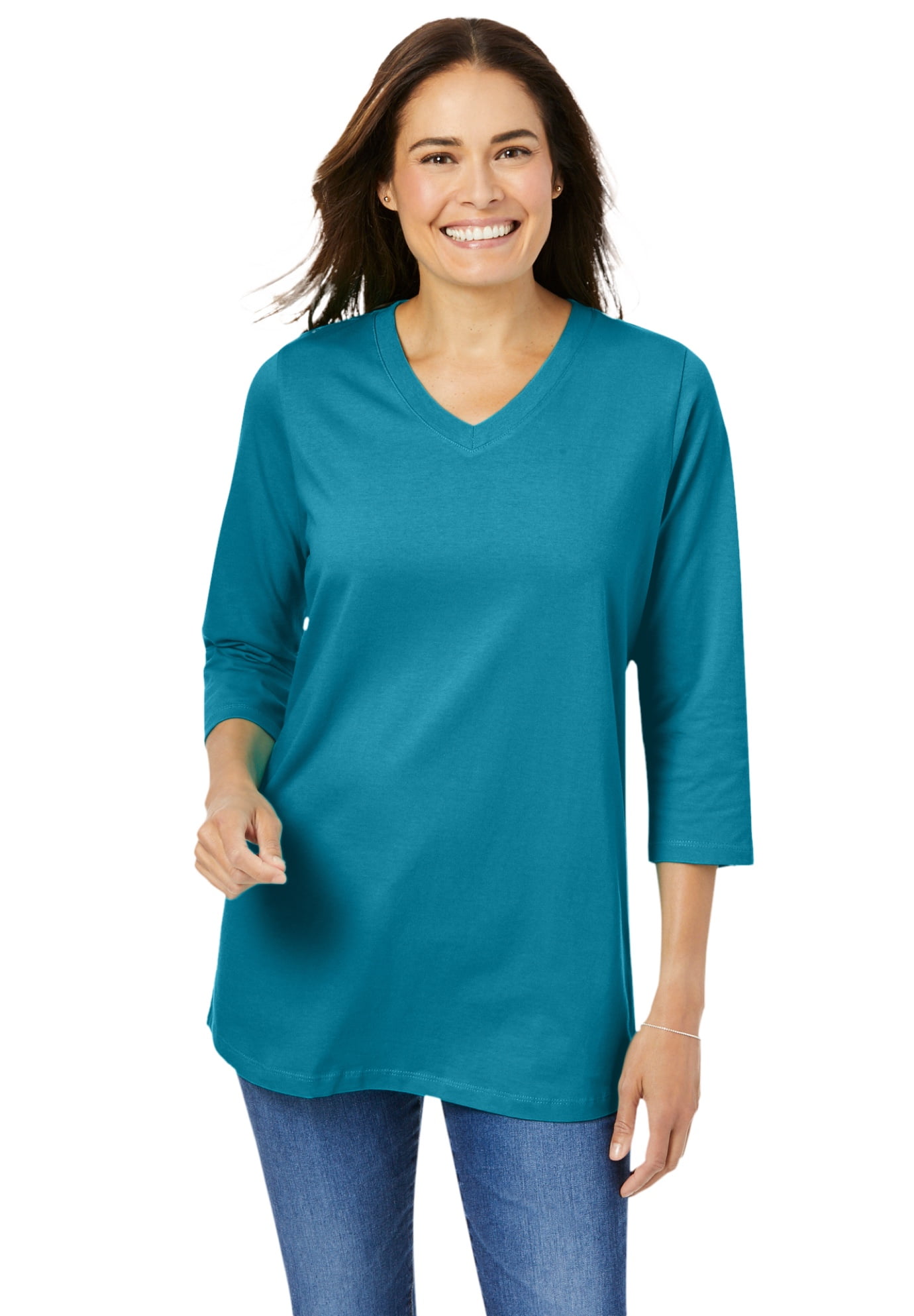 Woman Within Women's Plus Size Perfect Three-Quarter Sleeve V-Neck Tee Shirt 