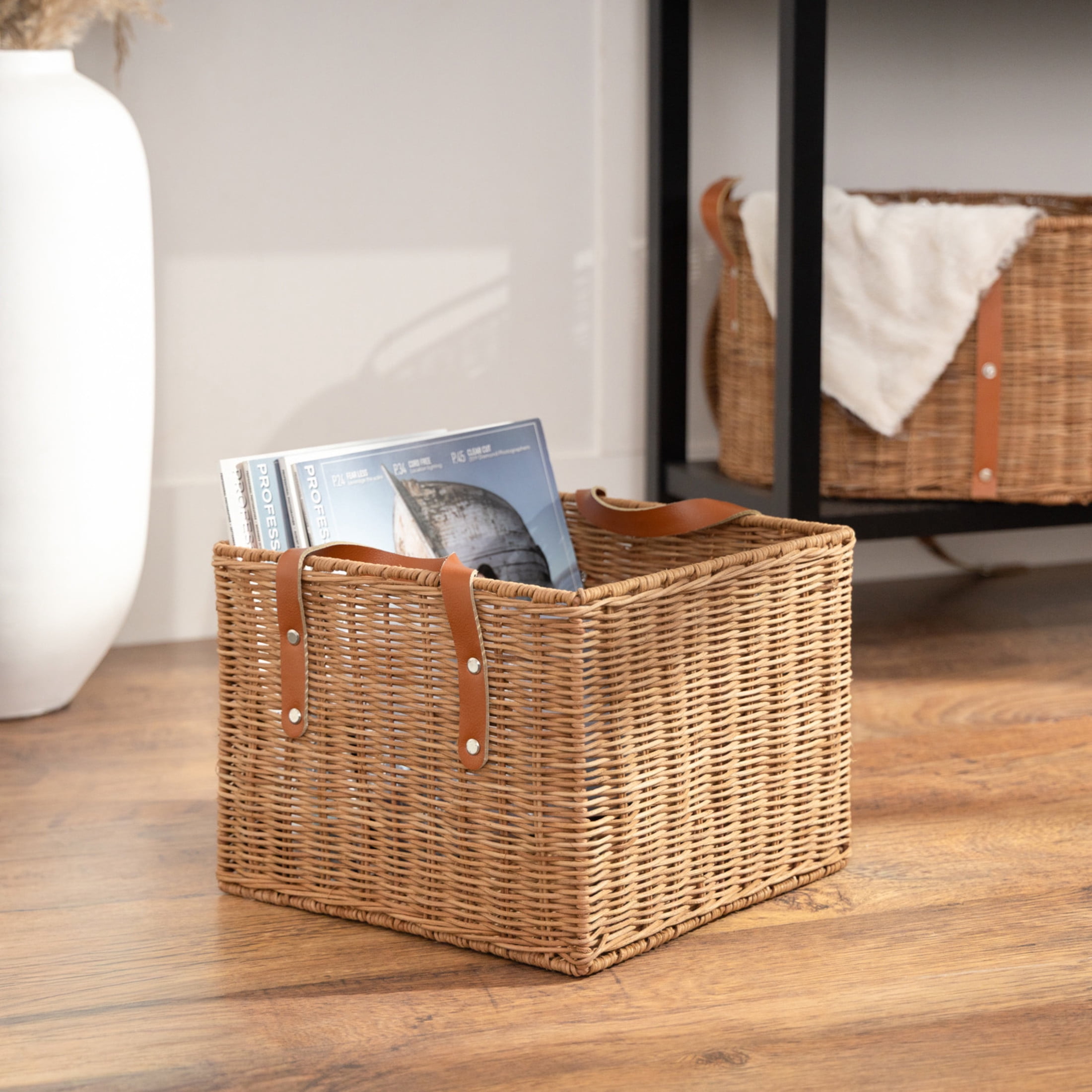 DecMode 12" x 9" Brown Rattan Handmade Woven Storage Basket with Leather Handles, 1-Piece