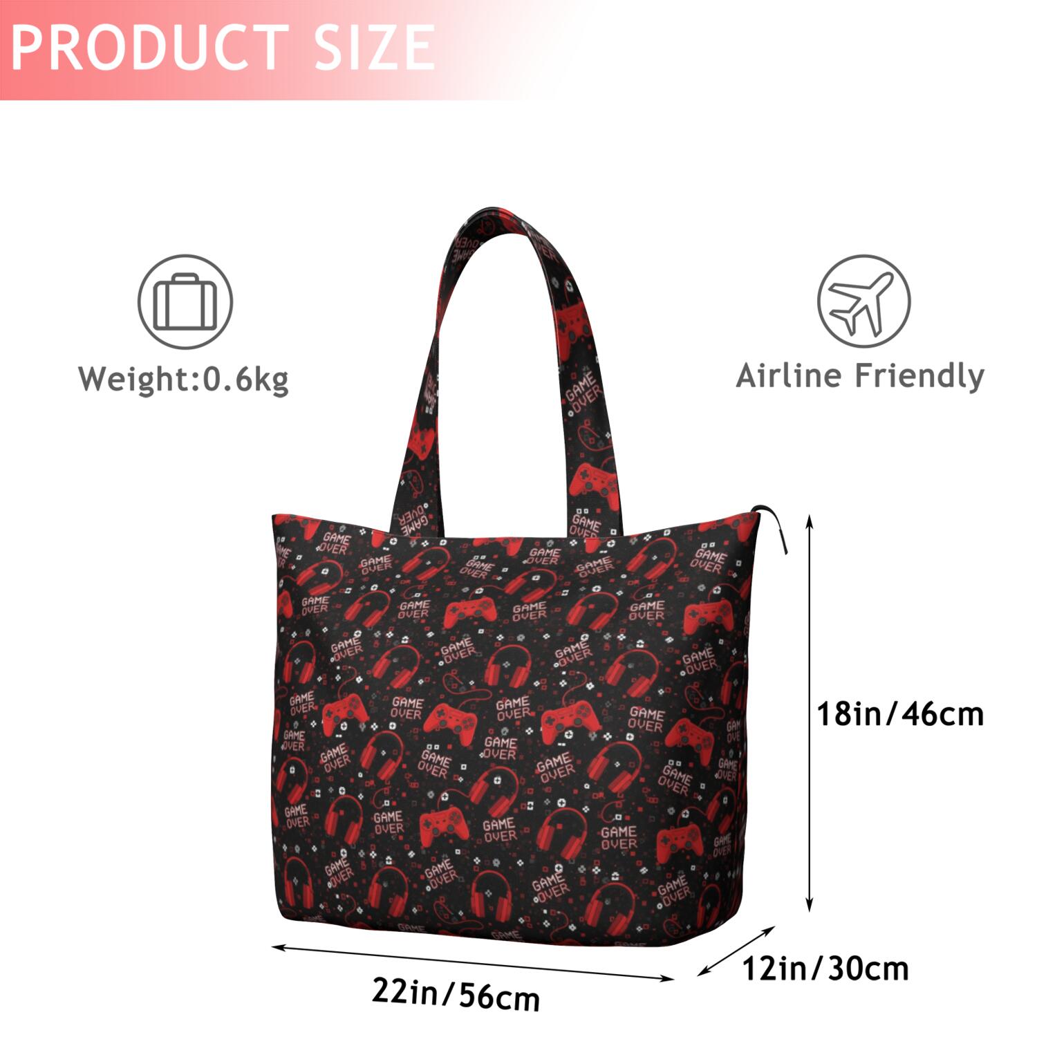 Red Controllers Games Icons Black Pattern Travel Tote Bags for Women Carry On,Large Weekender Bags for Women Travel,Multi Functional Duffle Bag for Work,Shopping,Sports