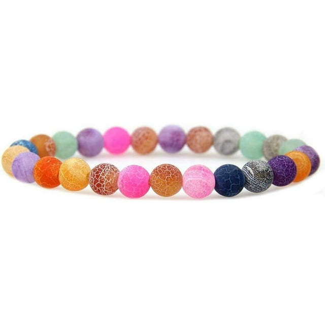 Bracelet Extensible Unisexe en Perles Rondes de 8 mm en Agate Patinée Multicolore Naturelle