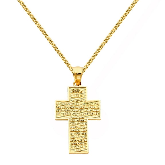 14k Yellow Gold 1.18-inch Padre Nuestro Cross Pendant with 1.5-mm Flat Wheat Chain