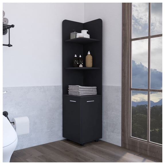 Corner Cabinet 62H" Tall with 3-Tier Shelf and 2-Door, Black