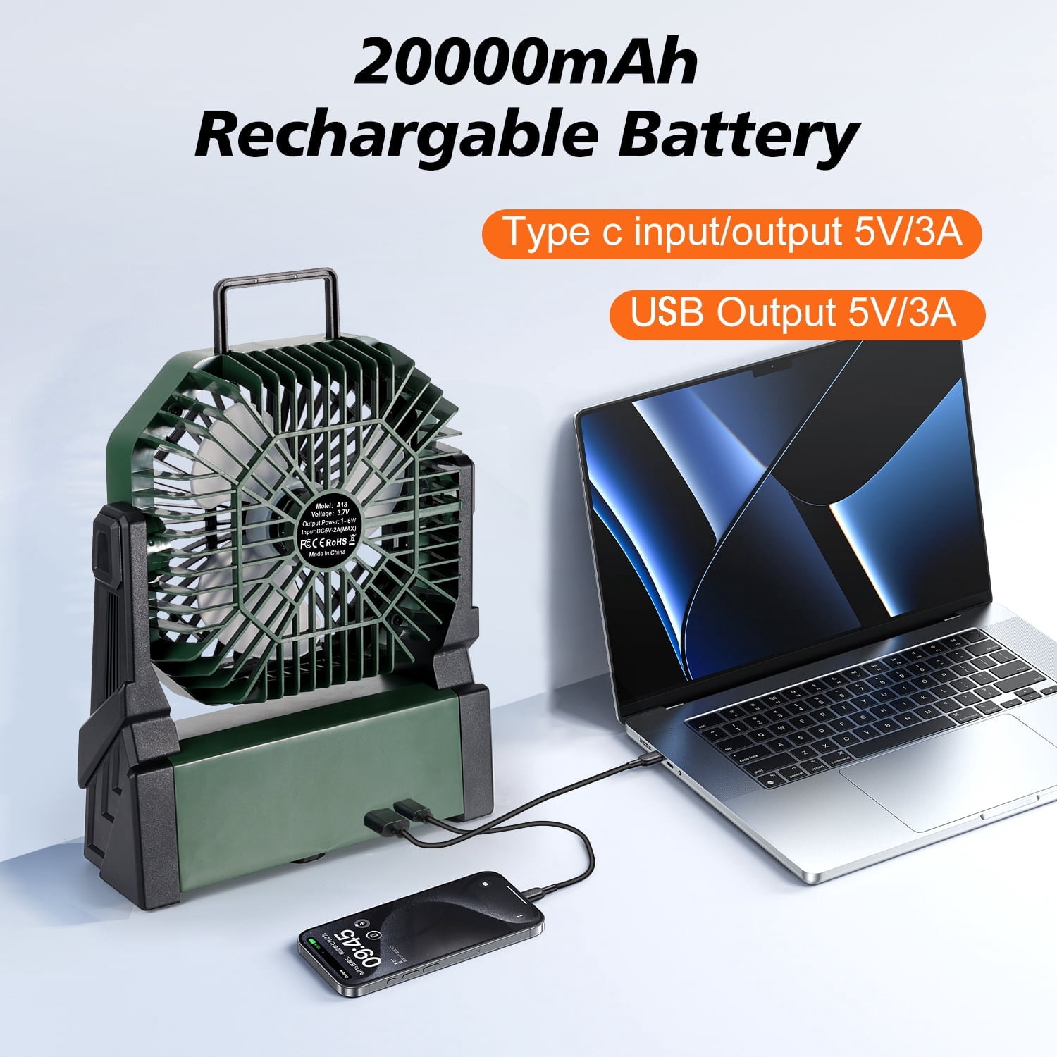Henotian Camping Fan,Portable Fan for Travel, 20000mAh Rechargeable Desk fan, Battery Operated Fan with Hanging Hook for Tent,Office,Travel,Fishing,Picnic