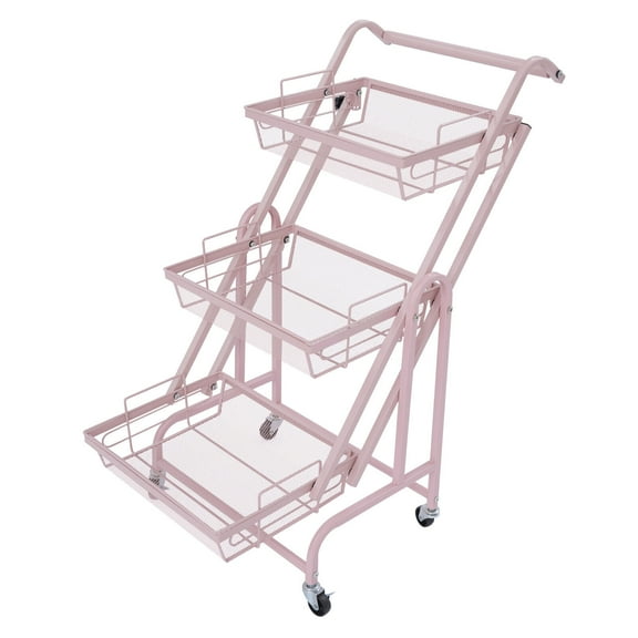 3-Tier Movable Storage Cart for Kitchen Pink Adjustable Metal Rolling Utility Cart