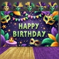 thumbnail image 3 of Gold Framed Mardi Gras Banner Purple Background Backdrop Colorful Feathers Masquerade Mask Carnival Display for Birthday Celebration Mardi Gras Party Indoor Decoration, 3 of 9