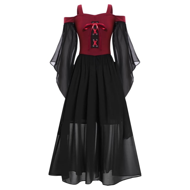 Lejafay Robe Médiévale Vintage Gothique pour Enfants, Robe de Princesse Renaissance pour Filles, Robe de Fête de Festival, Maxi Bourgogne 14