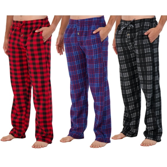Real Essentials Men's 3-Pack Plaid Microfleece Sleep Pants, Sizes S-3XL, Mens Pajamas