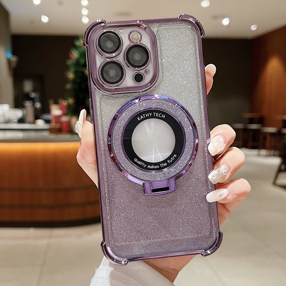 Allytech Magnetic Case for iPhone 15 Pro, Stylish Gradient Glitter Bling Case Compatible with MagSafe, Soft TPU Kickstand Lens Protection Slim Lightweight Shockproof Clear Cover Case - Darkpurple