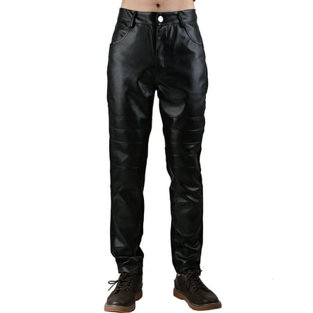 - Men's Five Pockets Zipper Fly Pleated PU Leather Panel Skinny Pants