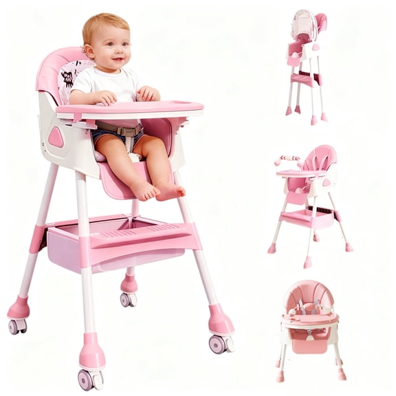 4-in-1 Foldable Baby High Chair, Portable Toddler Dining Chair for Eating & Playing, Adjustable Tray Convertible Highchair, Pink