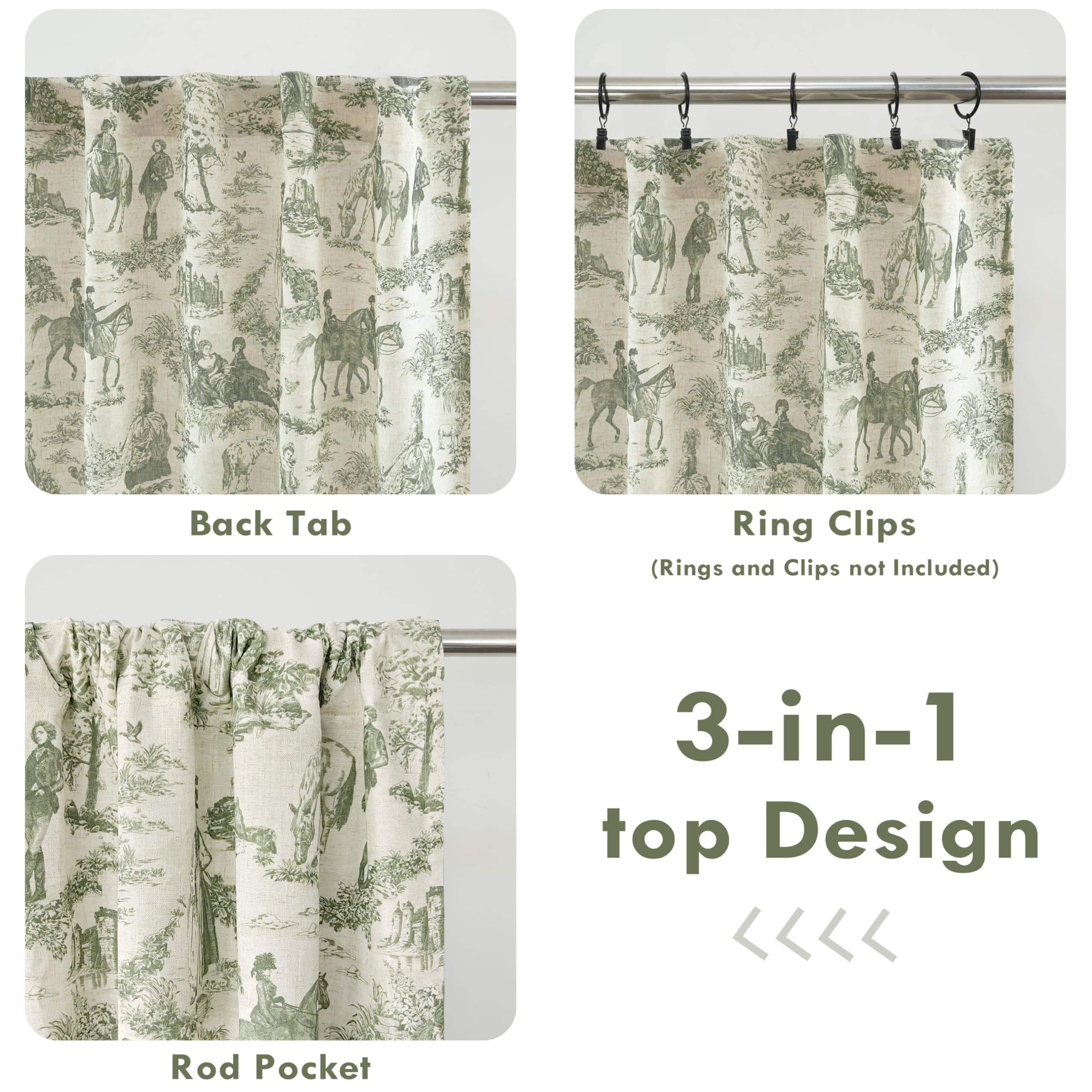 DriftAway 100% Blackout Toile Linen Curtains for Bedroom Double Layer Farmhouse French Country Vintage Printed Pattern Thermal Sound Lined Back Tab Drapes 96 inch Long 2 Panels Loden Green