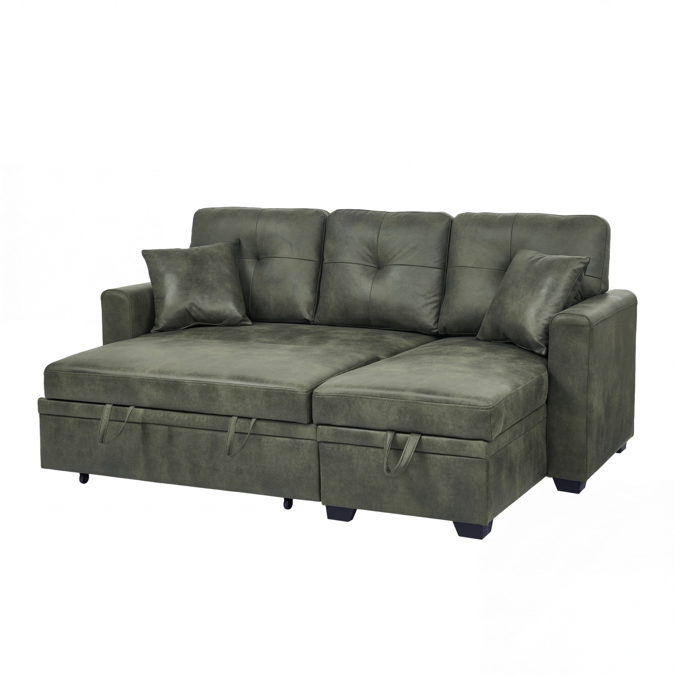 Noble House Sleeper Sectional Sofa with Pull-Out Bed, Reversible Storage Chaise, Foil Fabric, Olive Green