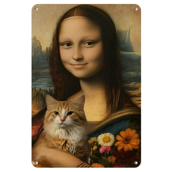 1pc Vintage Mona Lisa with Cat Iron Metal Sign, Reusable Retro Wall Art Decor, 8x12 Inch, for Home & Bar, Suitable for Ages 14