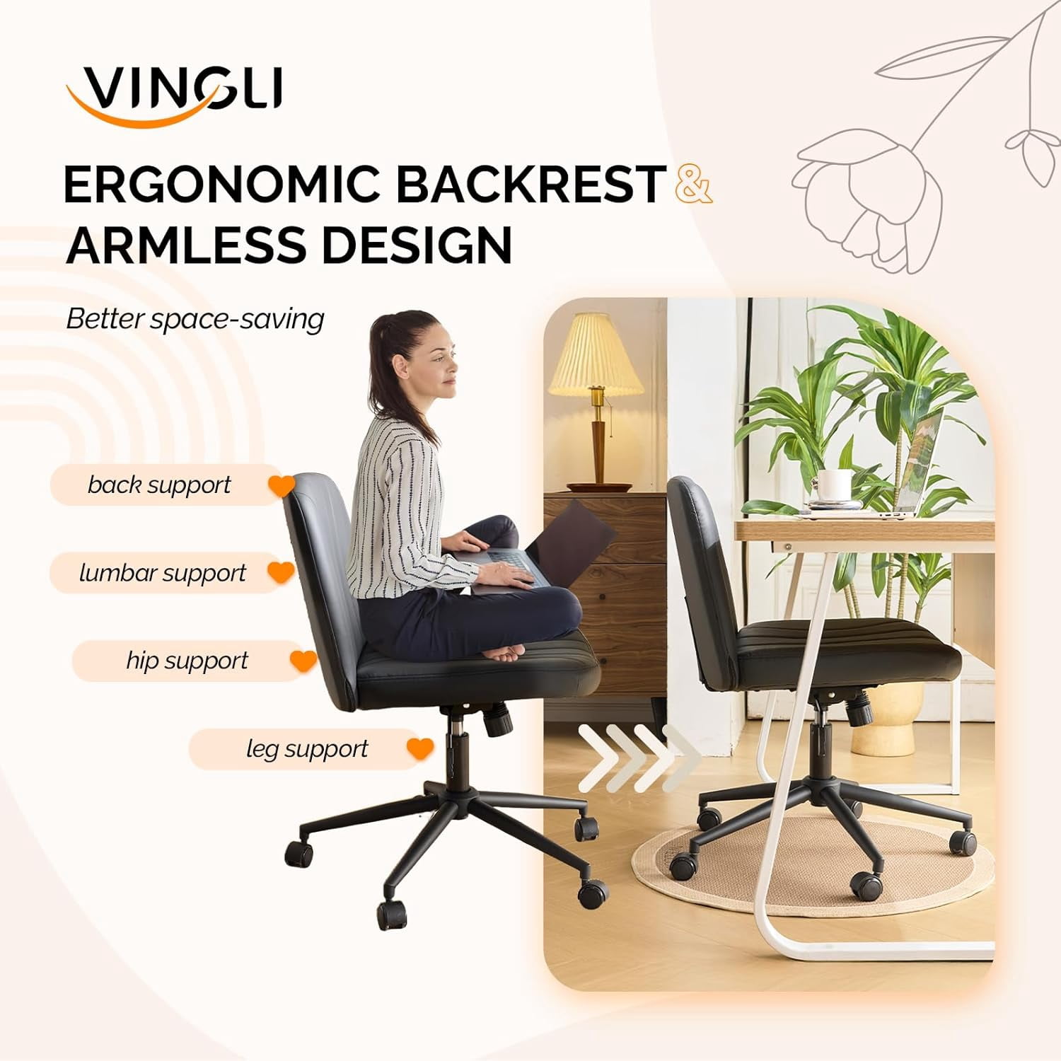 JOYMOR Modern Vanity Chair Dual-Use with/no Wheels, Armless Criss Cross Legged Chair, Swivel Wide Comfy Office Desk Chair, Computer Chair