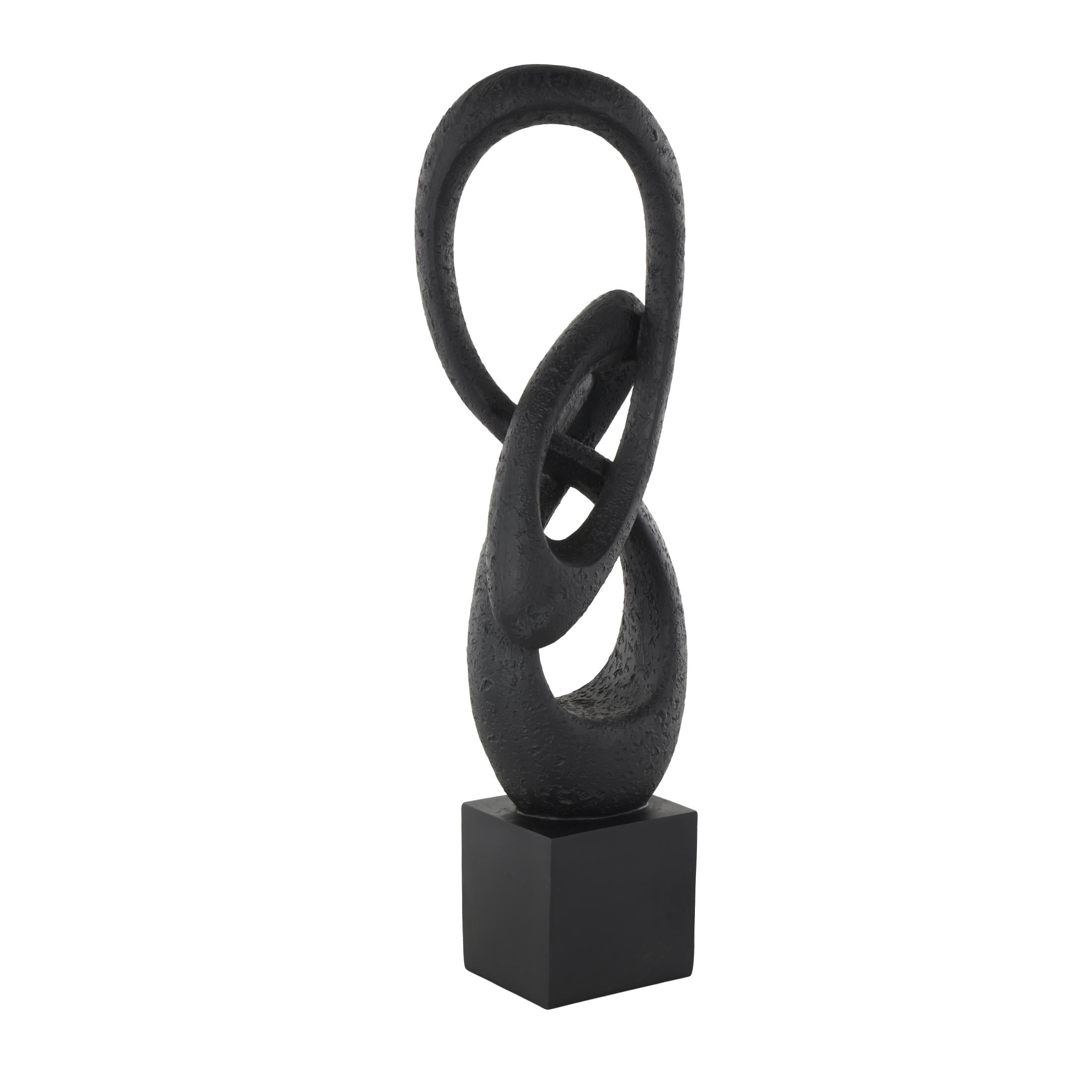 6" x 20" Black Polystone Intertwined Loop Abstract Sculpture with Block Base, by DecMode
