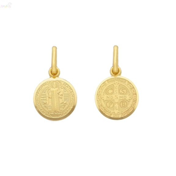 18K Solid Yellow Gold Saint Benedict Medal 11mm Diameter by Amalia Jewelry