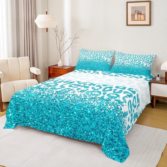 Manfei Leopard Print 4pcs Bed Sheets,Sequin Print King Sheets,Blue White Super Cozy Sheet Set,Breathable Abstract Room Decor