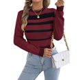 thumbnail image 3 of Women Casual Color Block Stripe Ribbed Crew Neck Slim Cropped Long Sleeve Knit Pullover Sweater Wine Red M, 3 of 10