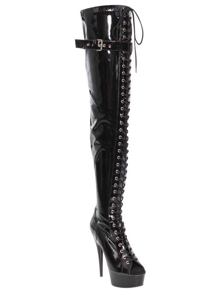 PLEASER DELIGHT-3025 Women's Peep Toe Front Lace-Up Thigh High Boots ...