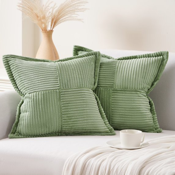 Topfinel 2 Piece Wide Side Pillowcase with Splicing,, Fall Winter Super Soft Corduroy Sofa Pillowcase Decorative Texture Pillow, SageGreen, 16x16 Inches