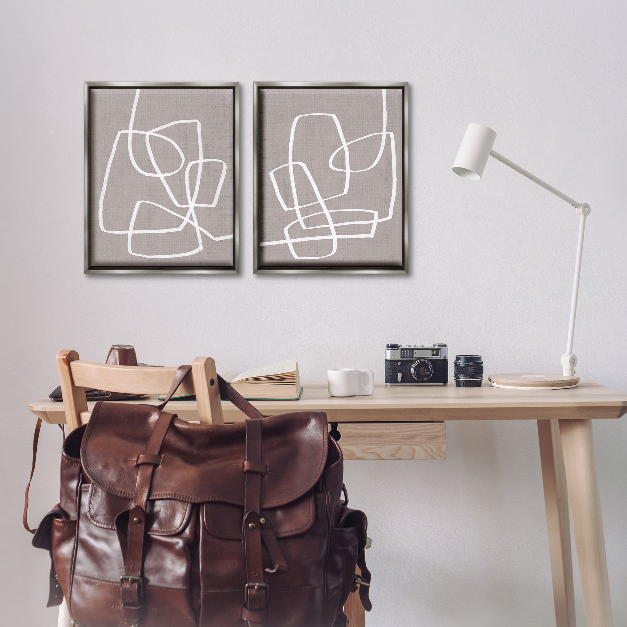 Stupell Industries Minimal Abstract Busy Line Abstract Painting Gray Floater Framed Canvas Art Print Wall Art, 17 x 21, Set of 2
