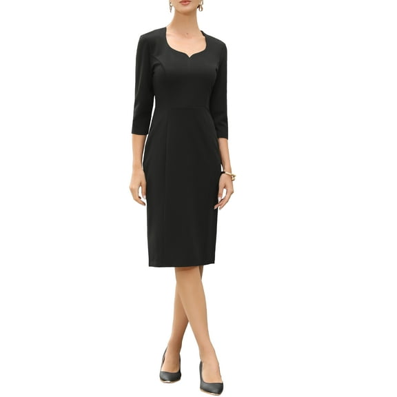 Work Midi Dresses for Women's 3/4 Sleeve Sweet Heart Neck Hight Waist Office Dress XS Black