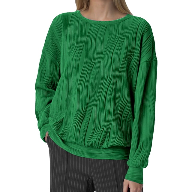 Women's Long Sleeve Ribbed Knit Pullover - Solid Color Polyester Sweatshirt, Casual Hoodless Top for All Seasons