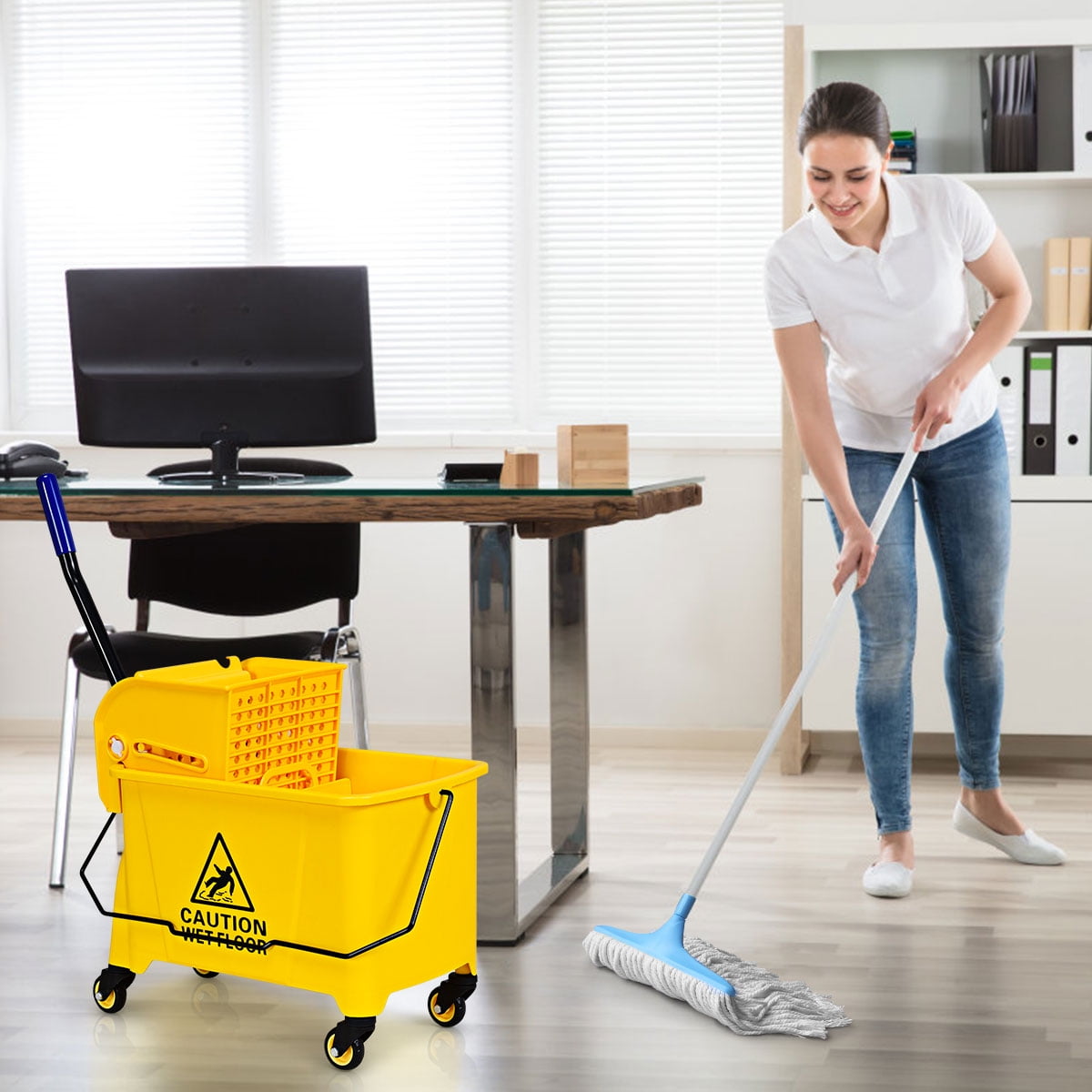 Costway Commercial Mop Bucket Side Press Wringer on Wheels 21 Quart Yellow w/ Panel