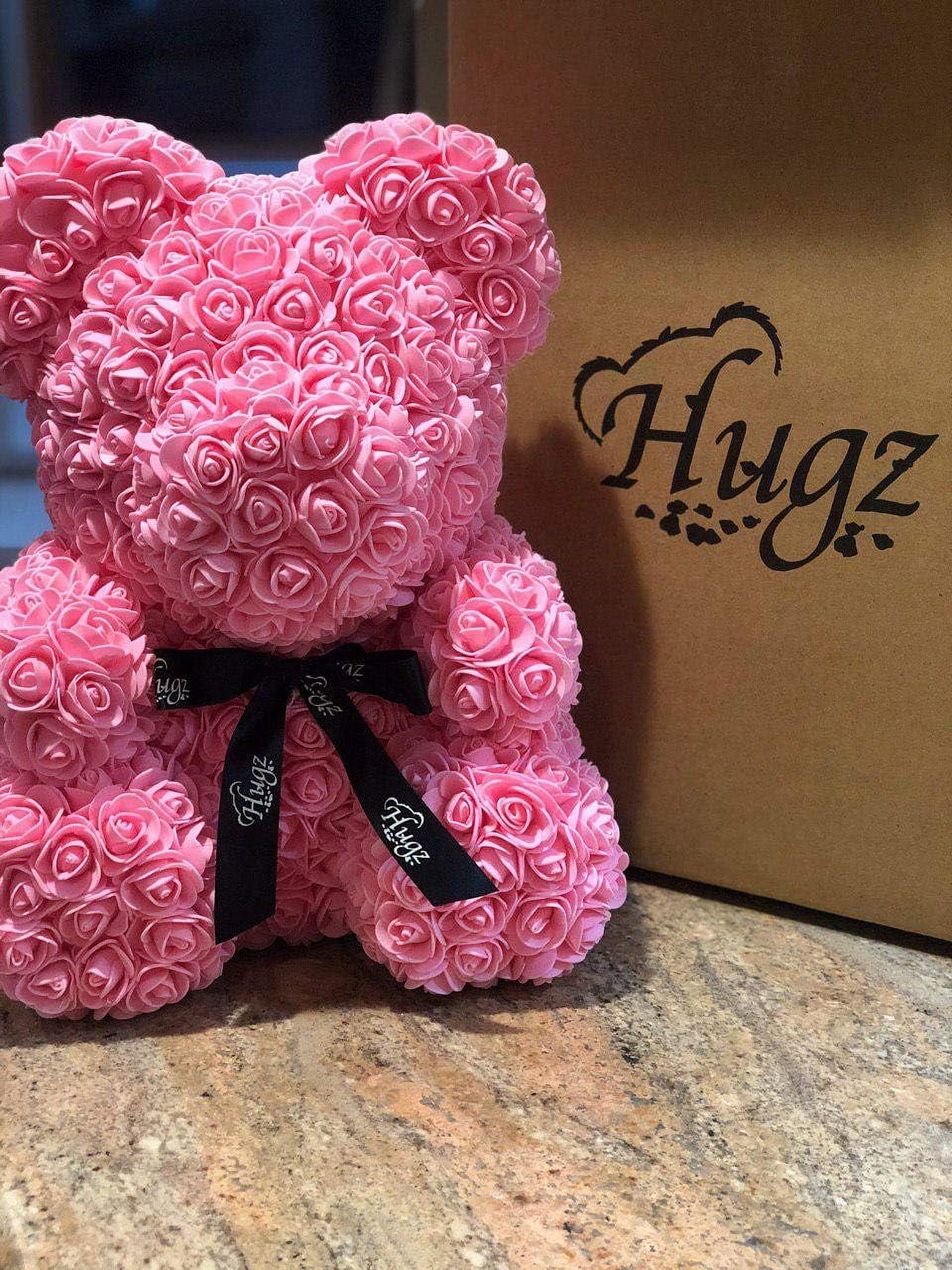 Rose Flower Bear - The 16 inch Hugz Teddy Bear with Over 20 Dozen Artificial Flowers - Best Gift for Valentines Day, Anniversary, Birthdays, Co-Workers & Bridal Showers (Pink) - w/Clear Gift Box