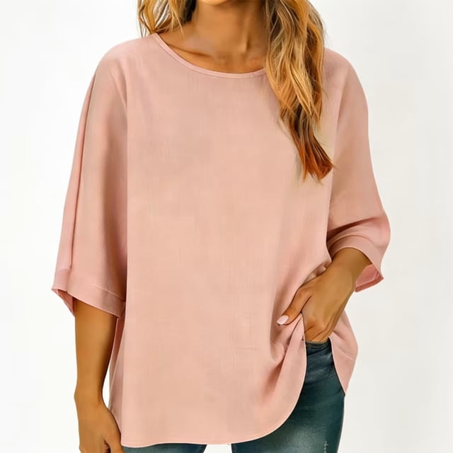 RXMEKW Linen Batwing Sleeve Loose Top for Women Round Neck Backless Style Solid Color