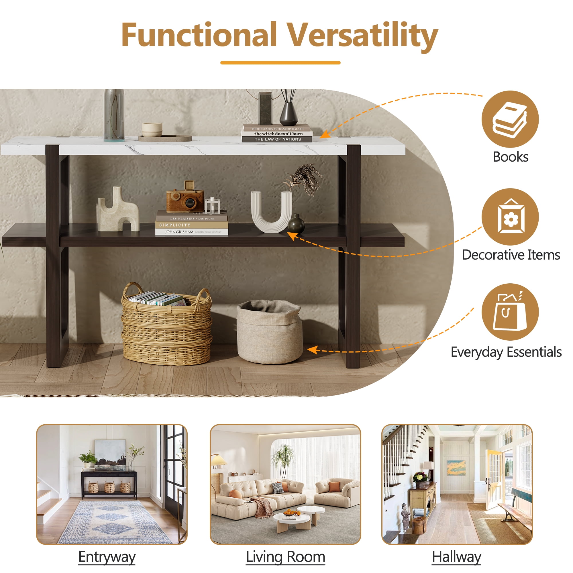 MAYEERTY Narrow Console Table with Marble-Effect Top and Open Shelf for Entryway, Hallway, Living Room, Espresso