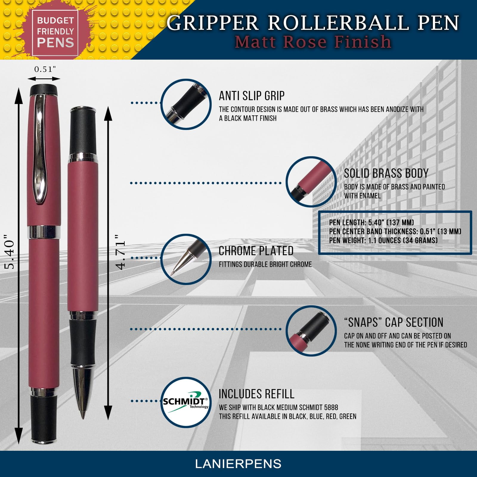 Gripper Rollerball Pen - Matt Rose with Anti Slip Grip (Budget Friendly Pen)