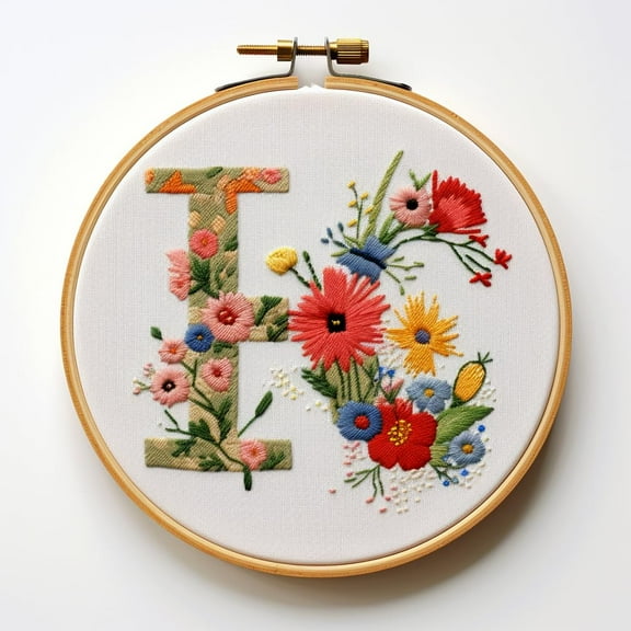Letter E in Flowers Stamped Cross Stitch Kits for Beginners Easy with Hoop 11CT Needlepoint Embroidery DIY Counted Cross Stitch Kits Art Craft Wall Decor 35x35cm(3)