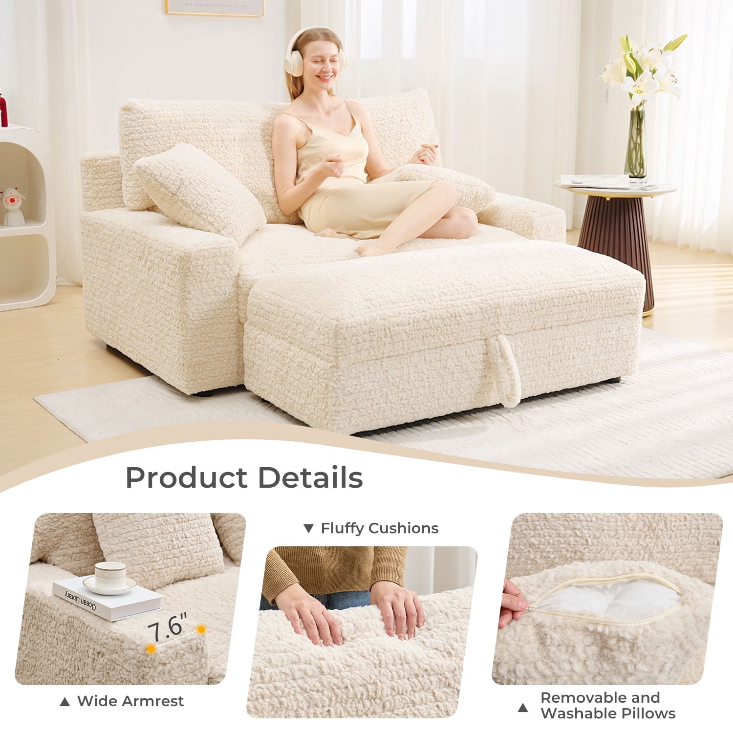 Boucle Oversized and Convertible Sleeper Loveseat with Storage Ottoman and Pillows, Beige