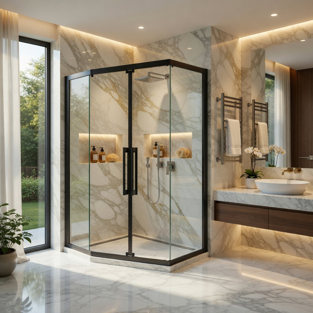 Hommoo Neo-Angle Sliding Shower Enclosure 36" x 72", 1/4" Clear Tempered Glass Diamond Shower Door, Dual Roller System & Stainless Steel Handles, Black & Transparent