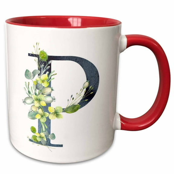3drose, Blue Monogram Initial P with Pretty Yellow Wild Flowers, 15oz Two-tone Red Mug