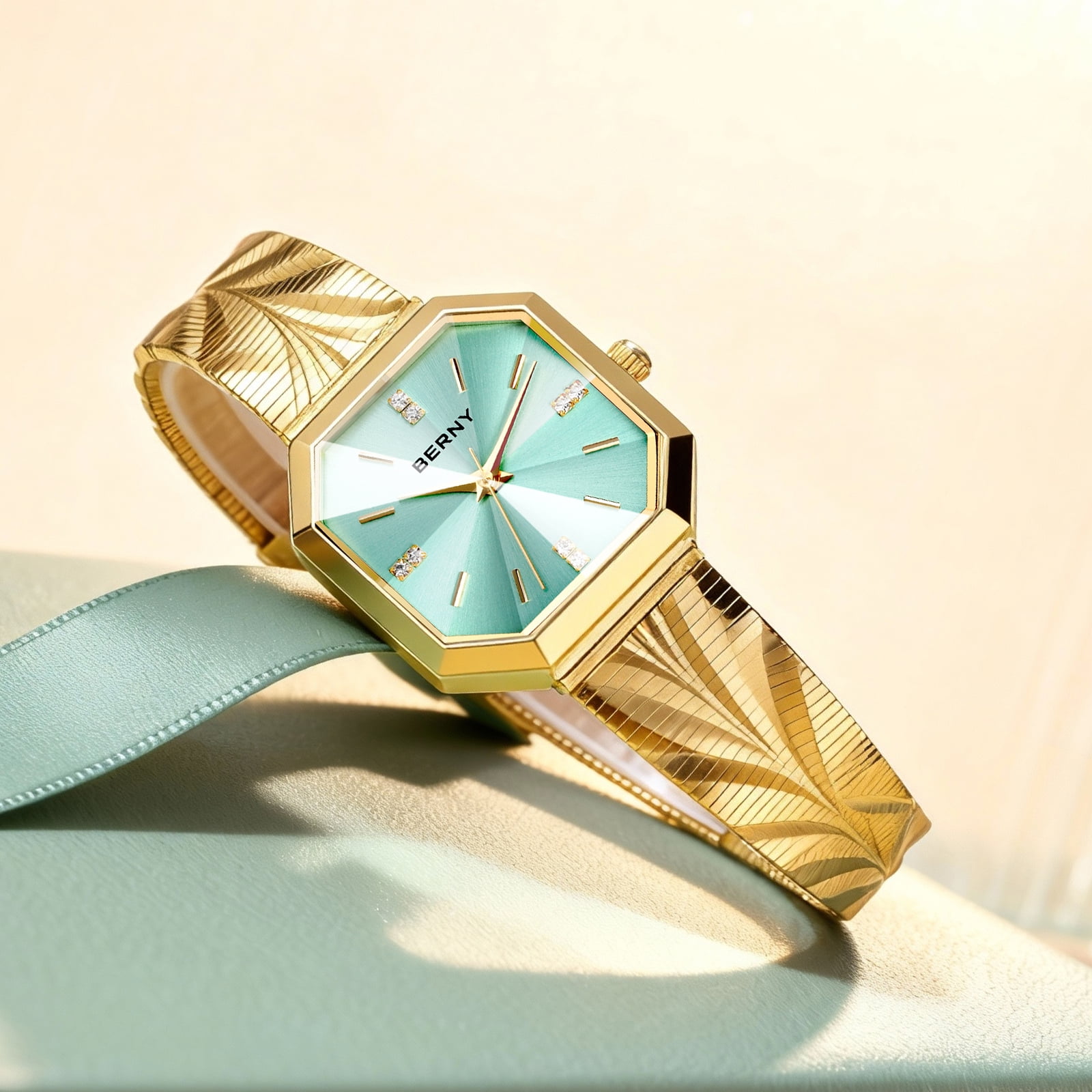 BERNY Small Gold Watches for Women, Dainty Luxury Diamond Dial, Stainless Steel Bracelet Watch, Fashion Ladies Analog Quartz Watch, Minimalist Waterproof Womens Wristwatch Gifts (Light Blue)