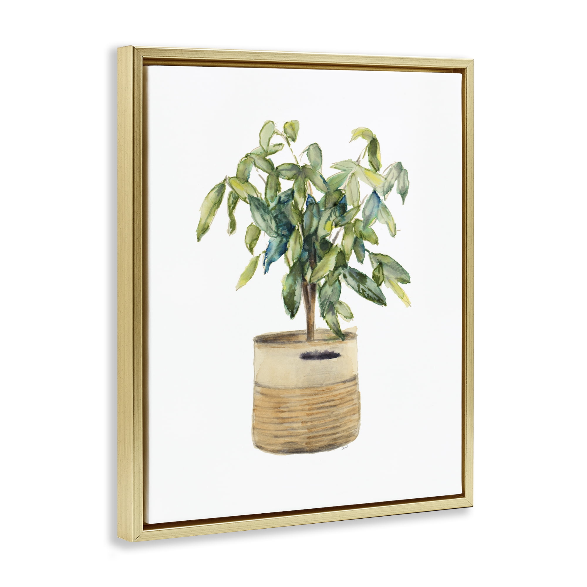 Stupell Industries Potted Plant Greenery Botanical & Floral Painting Gold Floater Framed Art Print Wall Art, 25 x 31