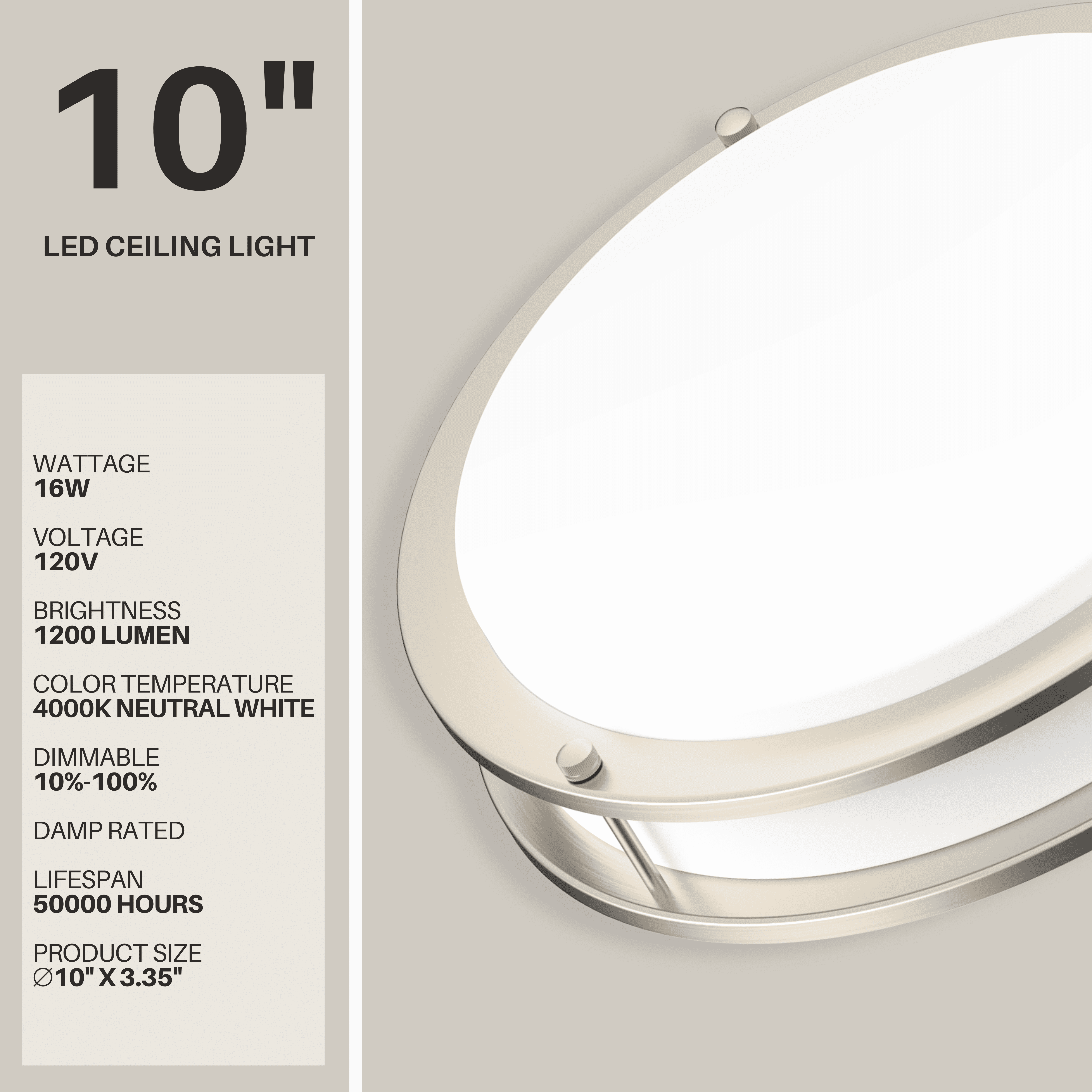 LED Ceiling Light Flush Mount 10 Inch 2-Pack Dimmable Surface Mount 4000K Bright White Brushed Nickel Light Fixture for Kitchen, Hallway, Bathroom, Bedroom